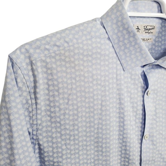 Original Penguin Size XL 17.5 Shirt Heritage Slim Fit Stretch Cotton Bike Print - Picture 4 of 11